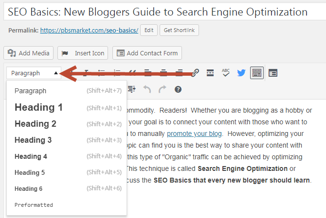 SEO Basics | H1 and H2 headings can be easily set in WordPress using the Visual Editor